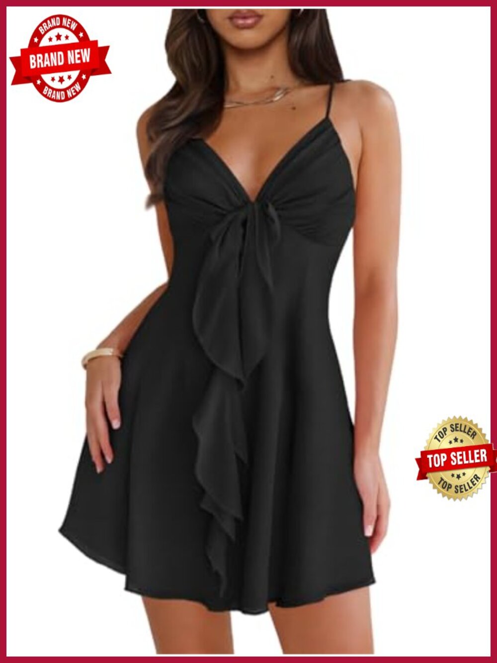 Sleeveless V-Neck Mini Dress Spaghetti Strap Bow Tie Backless Sundress